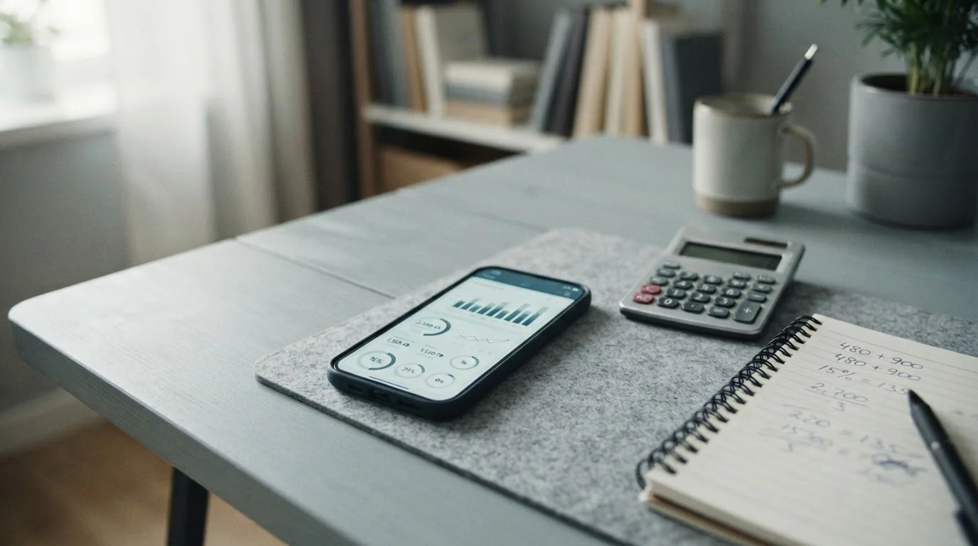 Smartphone mit Zahlungsübersicht und Taschenrechner auf Schreibtisch bei der Gebührenberechnung