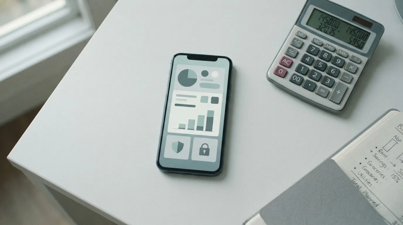 Smartphone mit digitaler Wallet-Oberfläche und Taschenrechner auf neutralem Untergrund