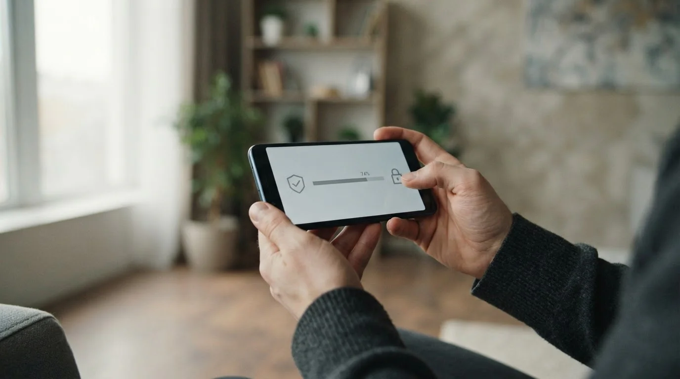 Hände halten Smartphone während sicherer App-Installation mit Sicherheitssymbolen
