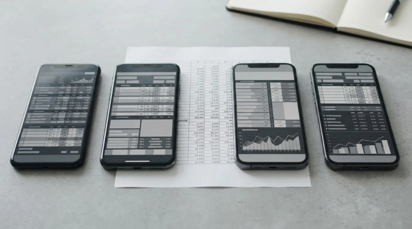 Mehrere Smartphones nebeneinander mit abstrakten App-Interfaces und Vergleichstabelle