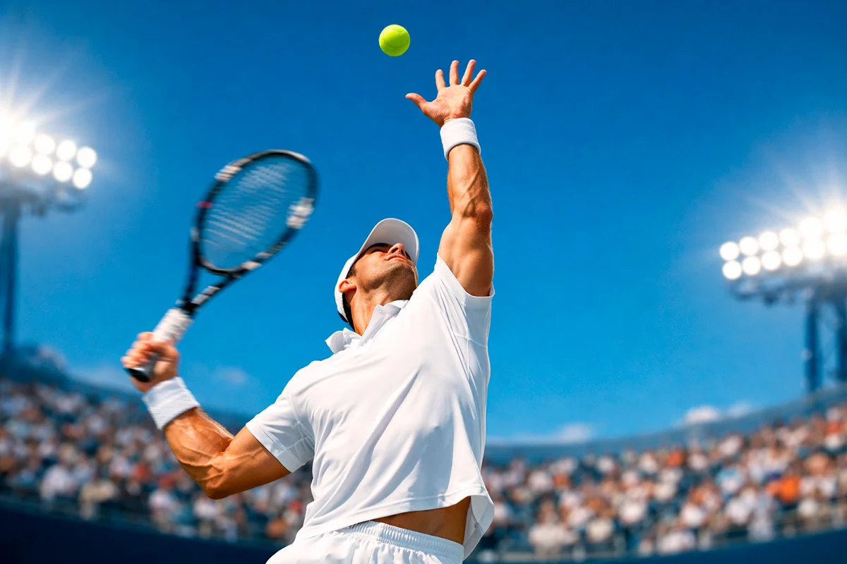 Tennisspieler beim kraftvollen Aufschlag mit Tennisball in der Luft