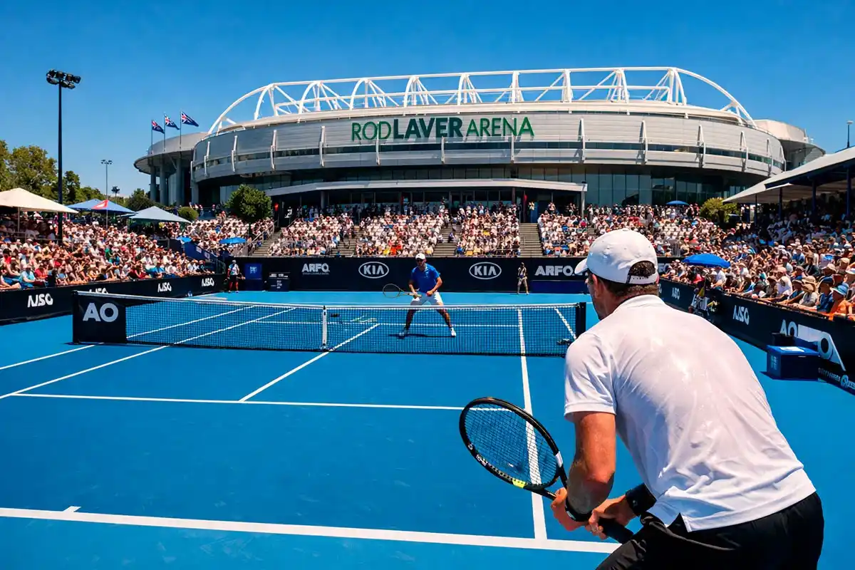 Melbourne Park Tennisanlage bei Sonnenschein während der Australian Open