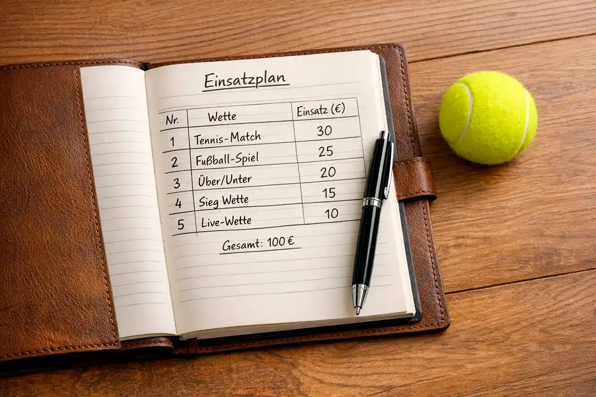 Notizbuch mit Wettplan und Stift auf einem Holztisch neben einem Tennisball
