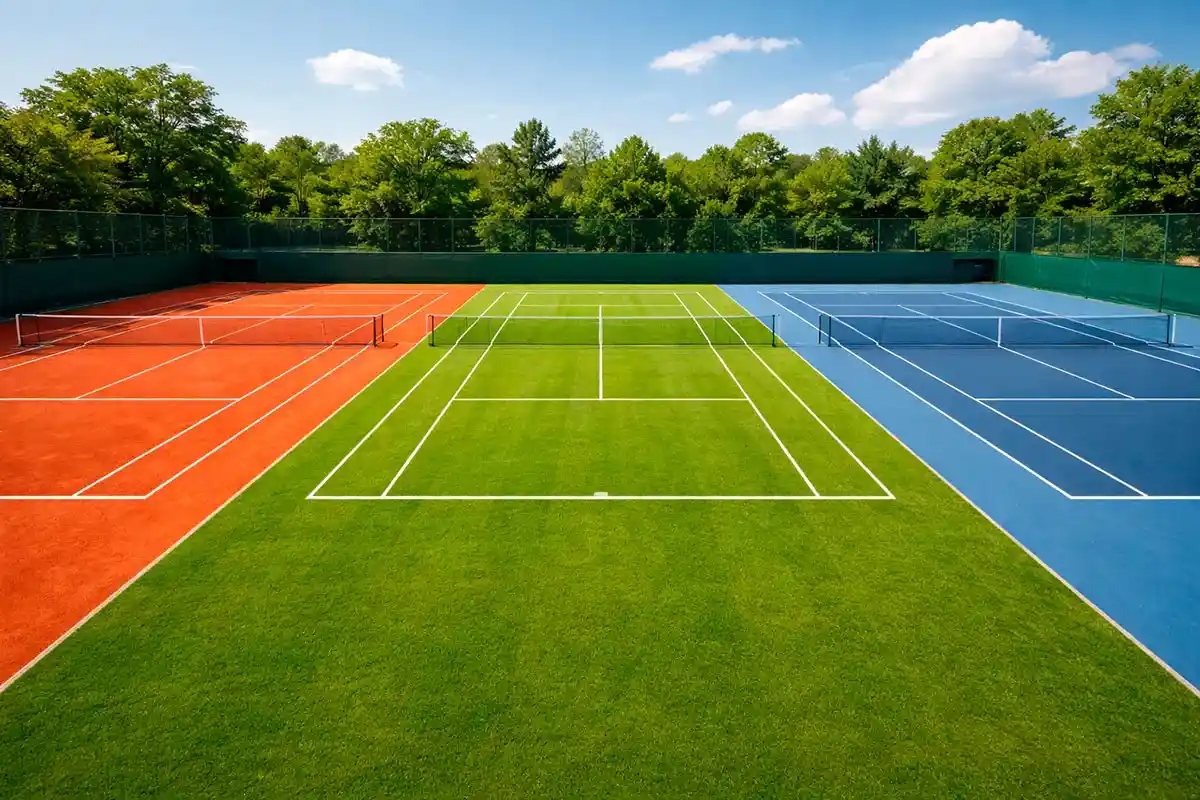 Geteilter Tennisplatz mit drei Belägen: roter Sand, grüner Rasen und blauer Hartplatz