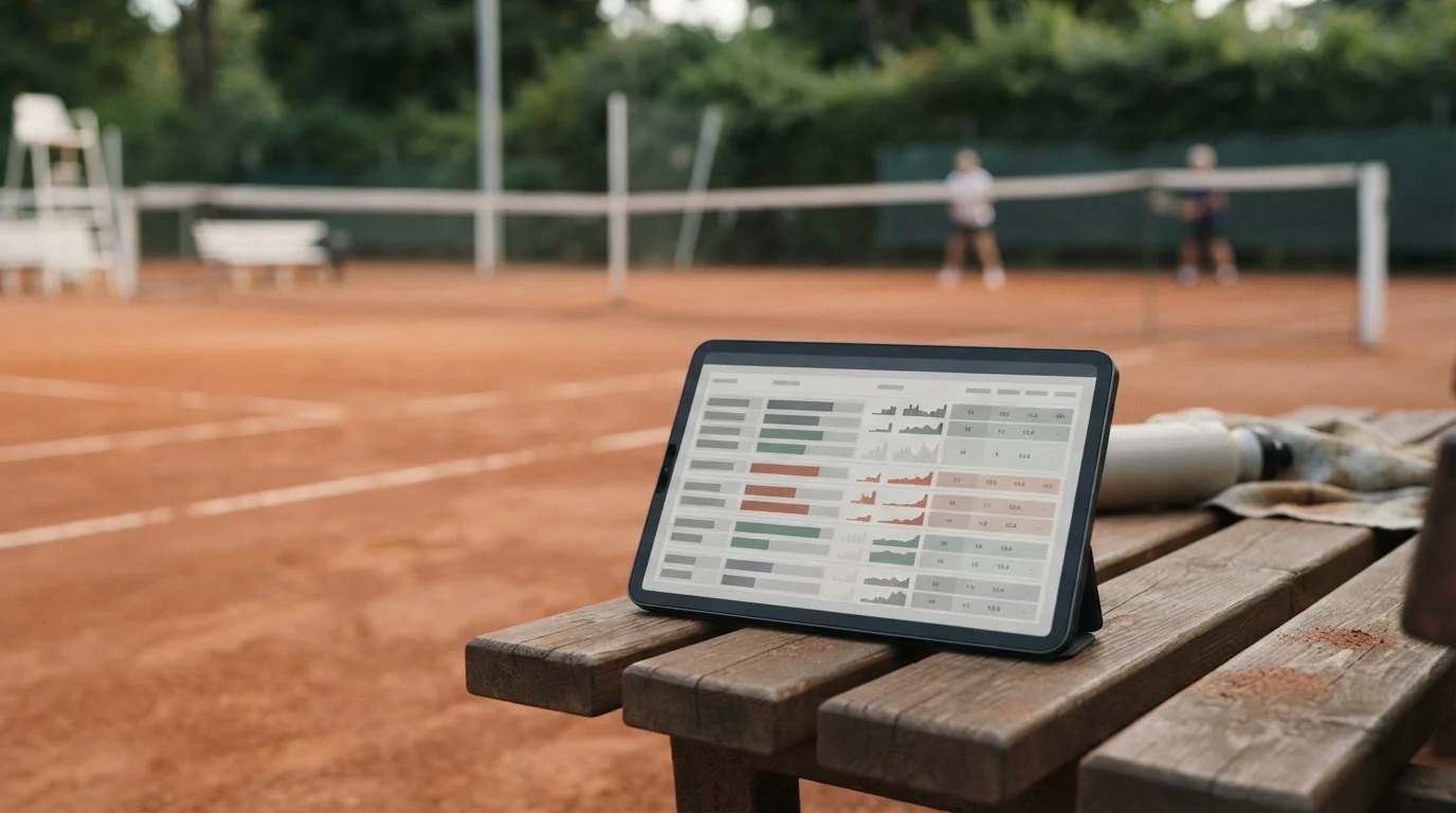 Tennisplatz und Tablet mit abstrakten Vergleichstabellen für Davis Cup Wettanbieter