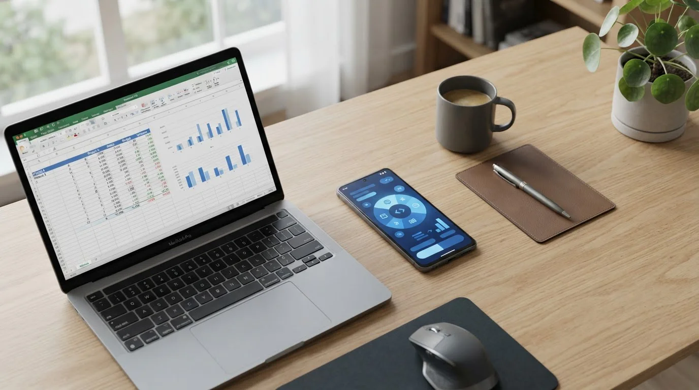 Smartphone mit Aircash-App neben Laptop mit Wettanbieter-Vergleichstabelle auf neutralem Schreibtisch