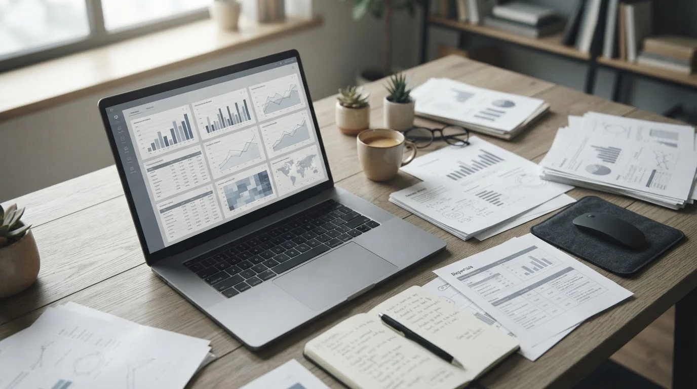 Laptop auf Schreibtisch mit neutralem Bildschirm und Analysedokumenten zu Wettanbietern