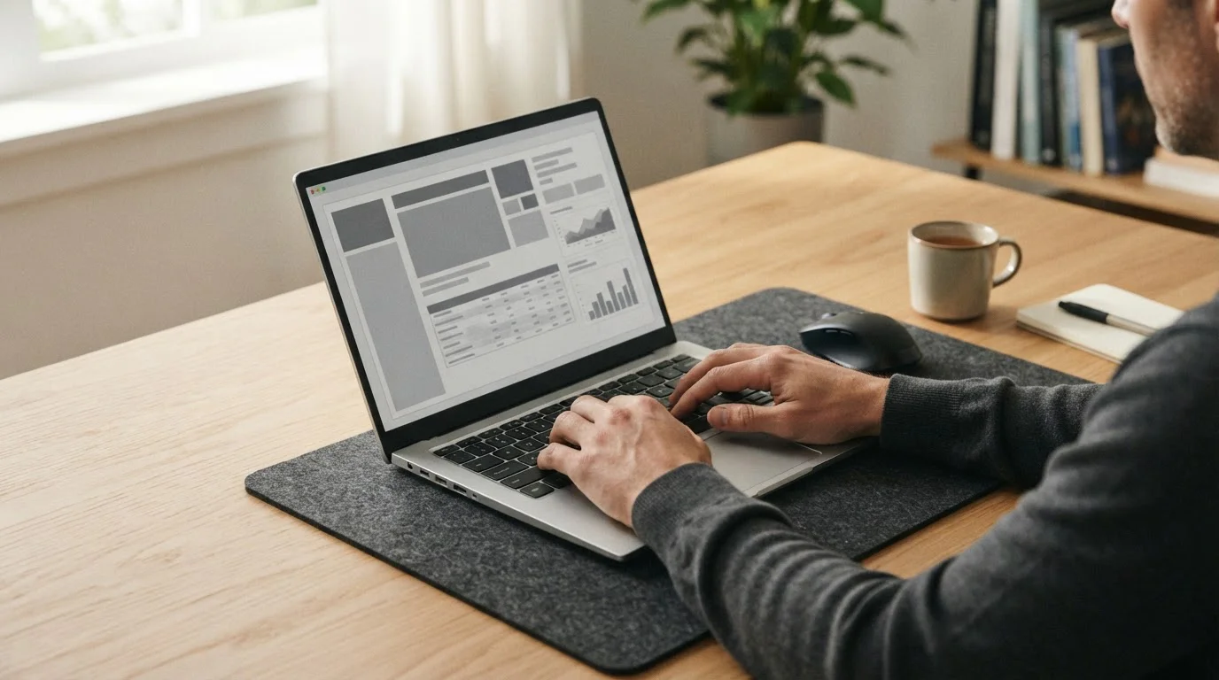 Desktop mit neutraler Wettplattform-Oberfläche und Recherche-Materialien