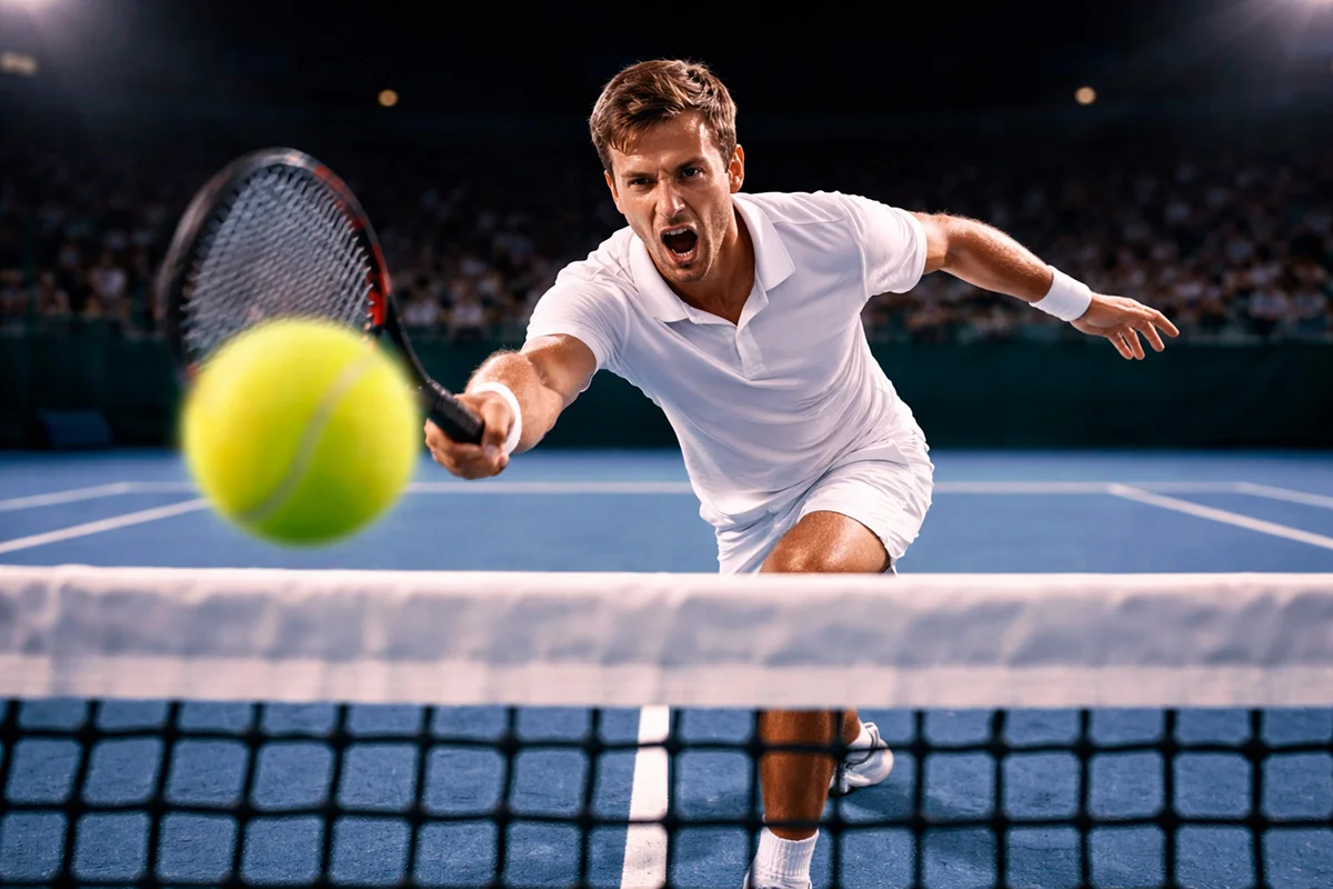 Tennisspieler am Netz reagiert auf einen Returnschlag bei einem Breakball