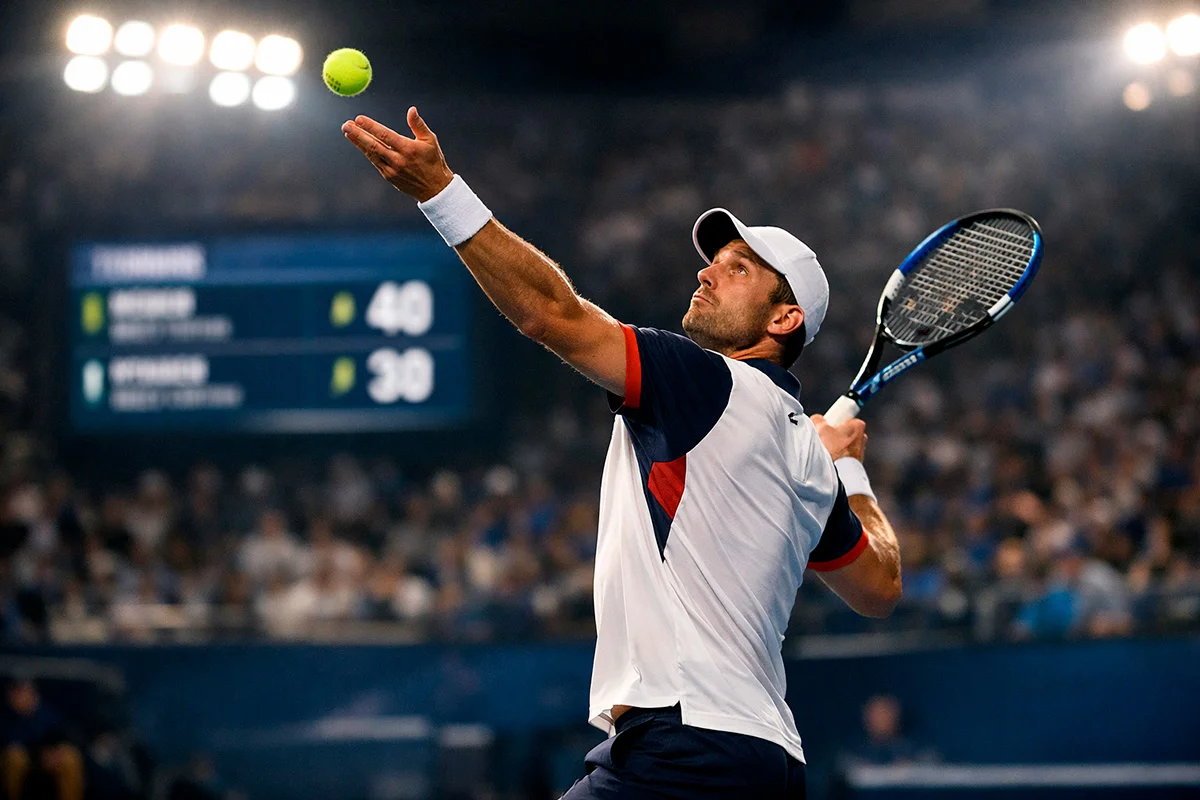 Tennisspieler auf dem Platz mit Anzeigetafel im Hintergrund bei einem Live-Match