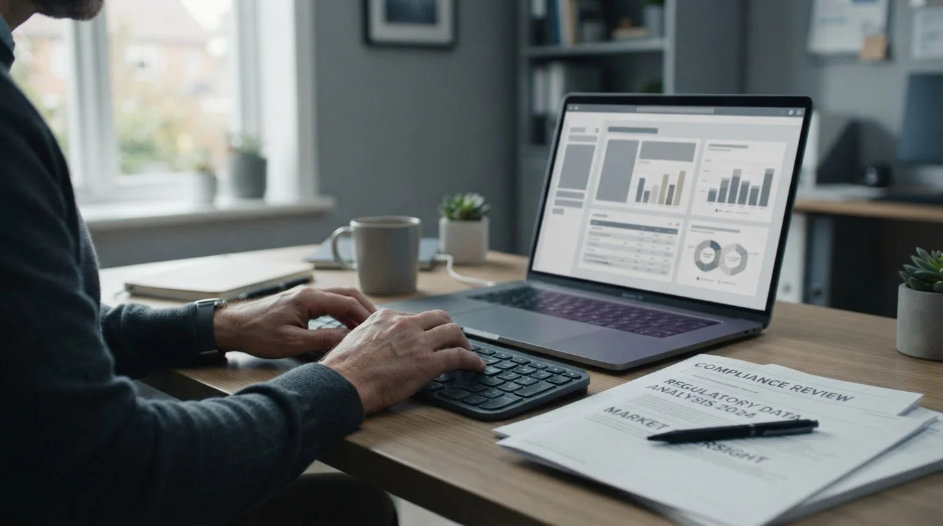 Desktop-Arbeitsplatz mit Laptop und Dokumenten zur Auswahl von Wettanbietern mit Payz-Zahlungsoption