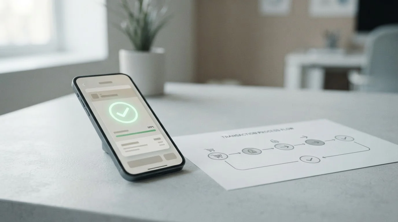 Smartphone mit Zahlungsvorgang und Zeitstrahl-Darstellung