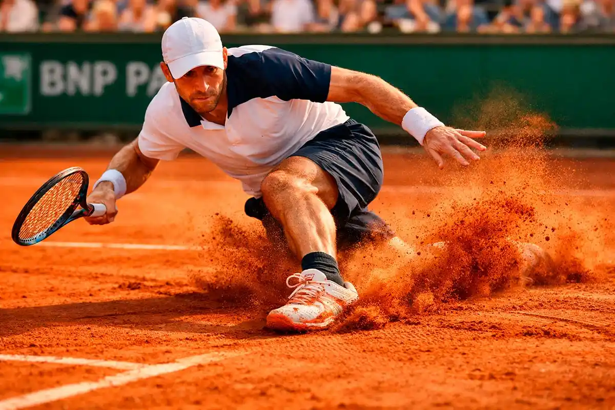 Roter Sandplatz bei Roland Garros mit Spieler während eines Ballwechsels
