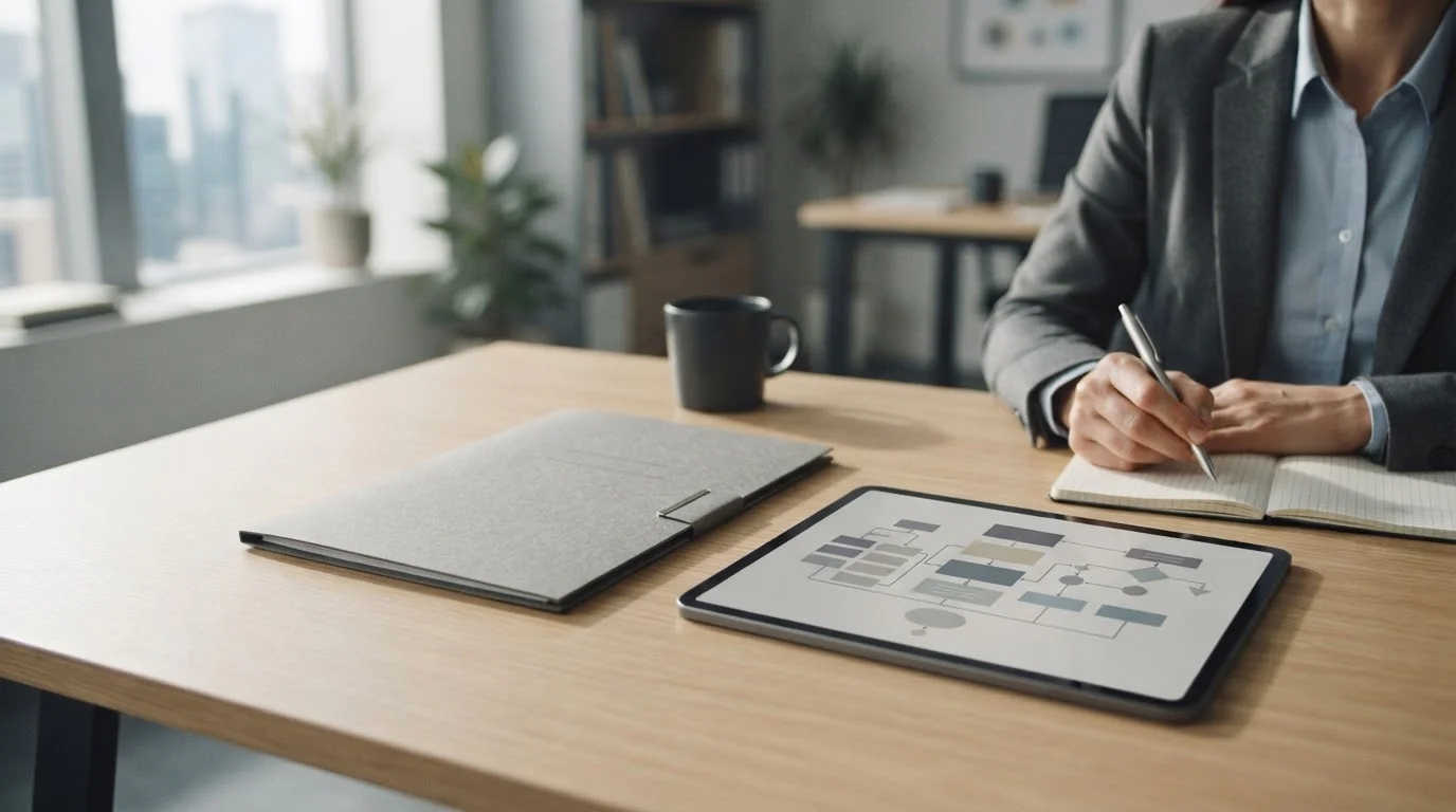 Gesetzliche Dokumente und digitales Tablet mit Regulierungsinformationen