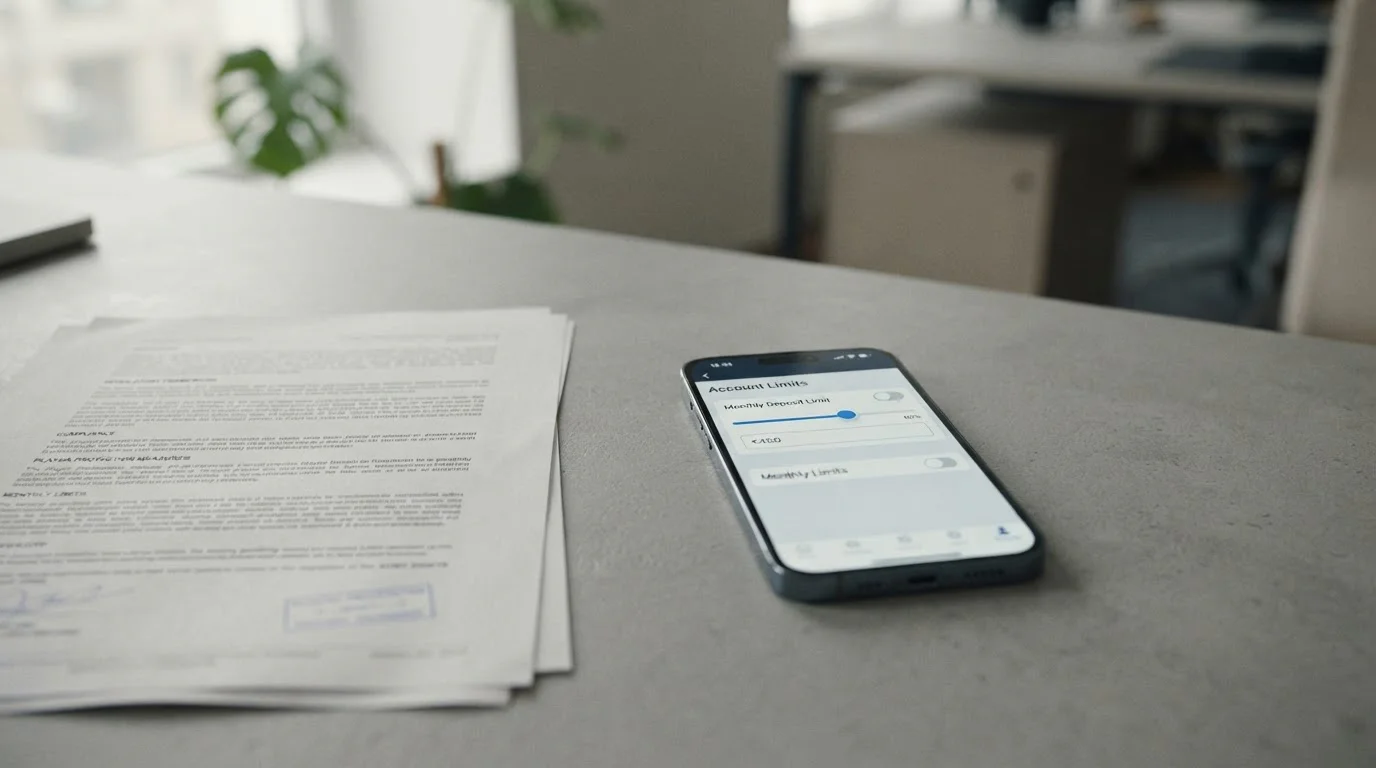 Smartphone zeigt Einzahlungslimit-Einstellung mit monatlicher Obergrenze von 1.000 Euro