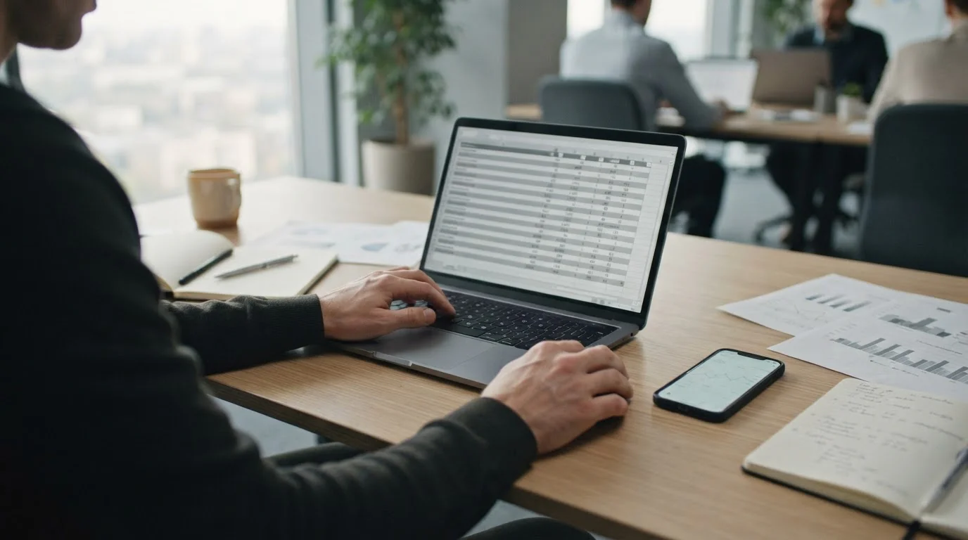 Person analysiert Kosten und Gebühren von Sportwetten auf Laptop mit Tabellenansicht