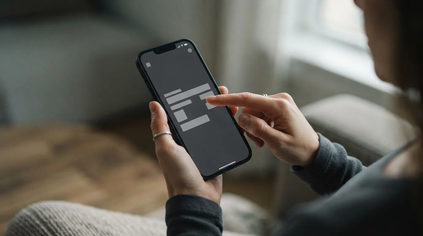 Hand hält Smartphone während eines Zahlungsvorgangs, nur abstraktes Interface sichtbar