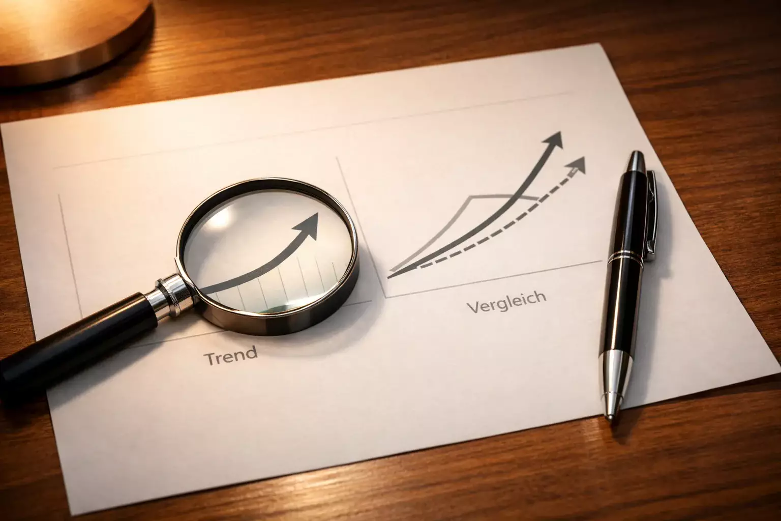 Steigende Linien auf Papier mit Lupe