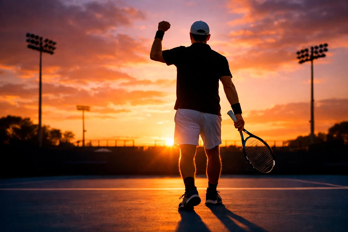 Tennisspieler feiert einen Punkt auf einem Hartplatz bei Sonnenuntergang