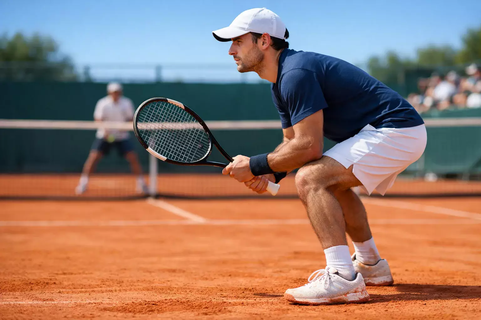Tennisspieler studiert seinen Gegner während eines Matches auf Sandplatz