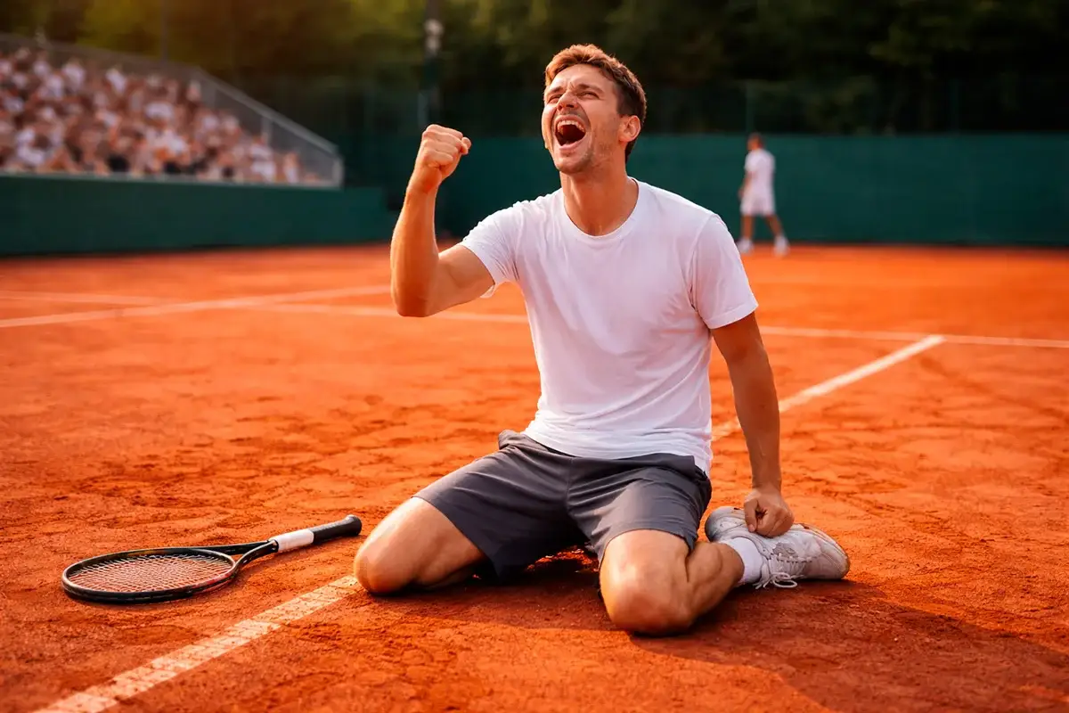 Unbekannter Tennisspieler jubelt nach einem Überraschungssieg auf einem Sandplatz