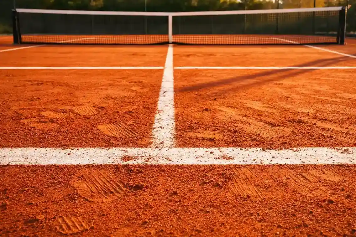 Tennisplatz auf rotem Sandbelag mit Linienmarkierungen