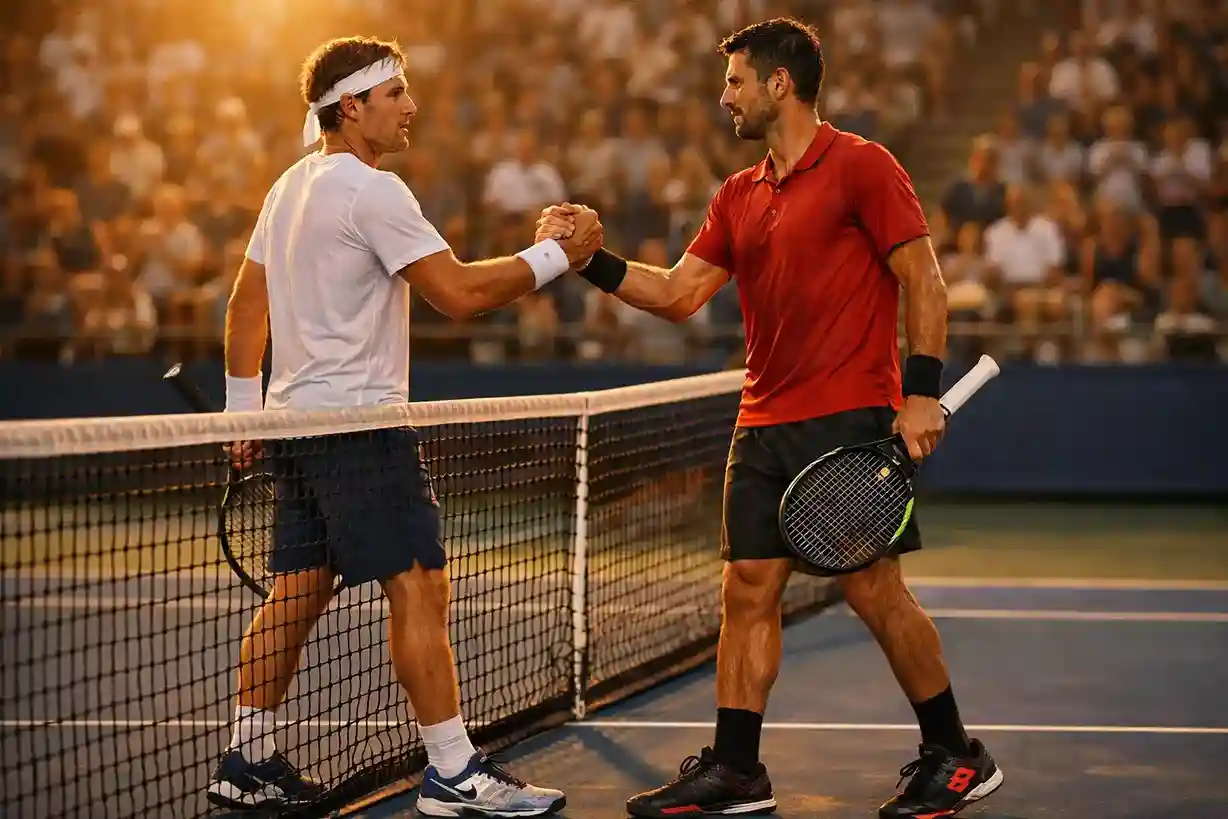 Tennisspieler nach langem Match schüttelt Hände am Netz