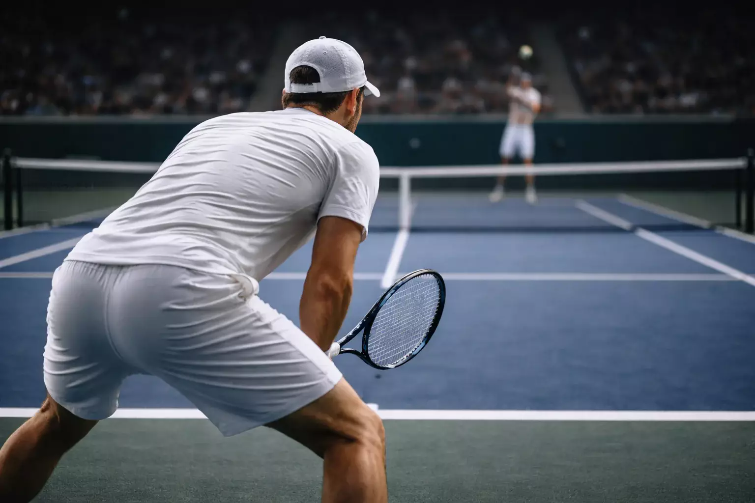 Tennisspieler beim Return mit konzentriertem Blick