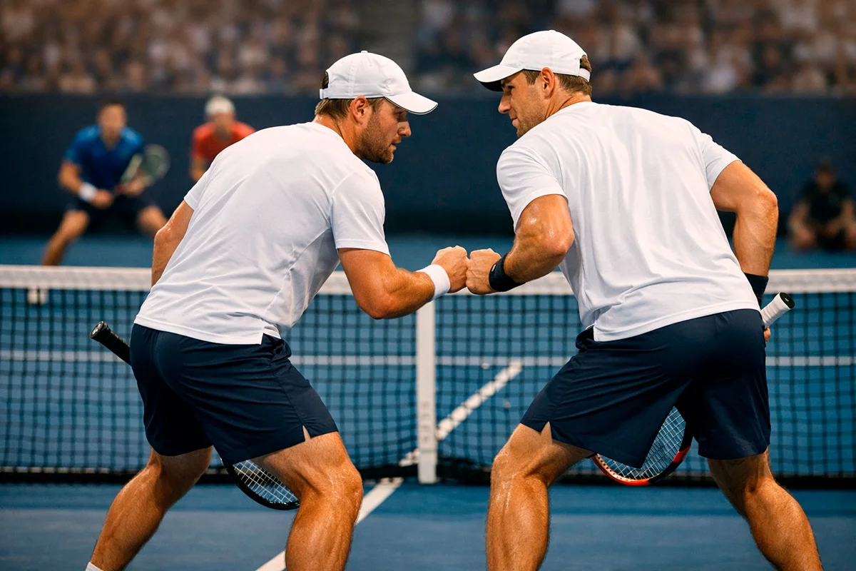 Zwei Tennisspieler als Doppelpaar am Netz bei einem Turniermatch