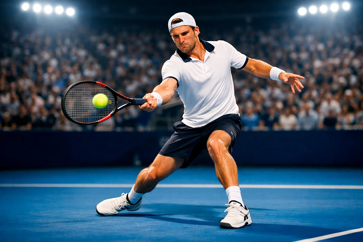 Topgesetzter Tennisspieler schlägt eine Vorhand auf einem Hartplatz vor Zuschauertribüne