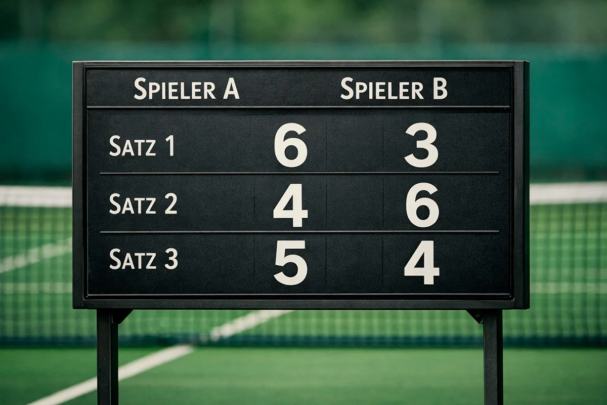 Nahaufnahme einer Anzeigetafel bei einem Tennismatch mit Satzständen