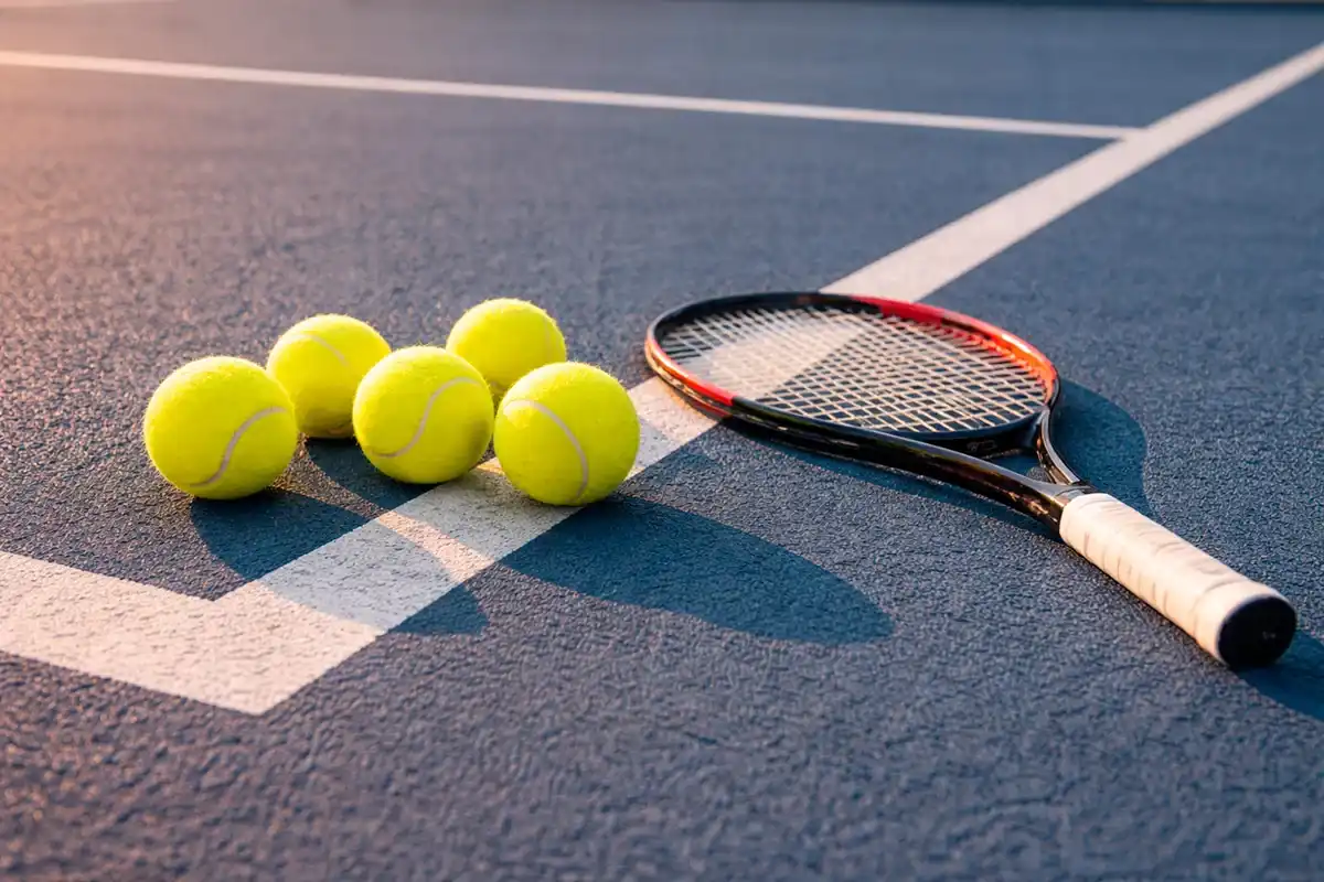 Mehrere Tennisbälle auf einem Platz neben einem Schläger als Symbol für Kombiwetten