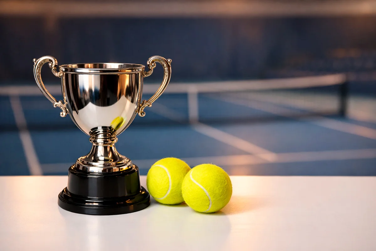 Tennispokal auf einem Tisch neben einem Tennisplatz bei einem Turnier