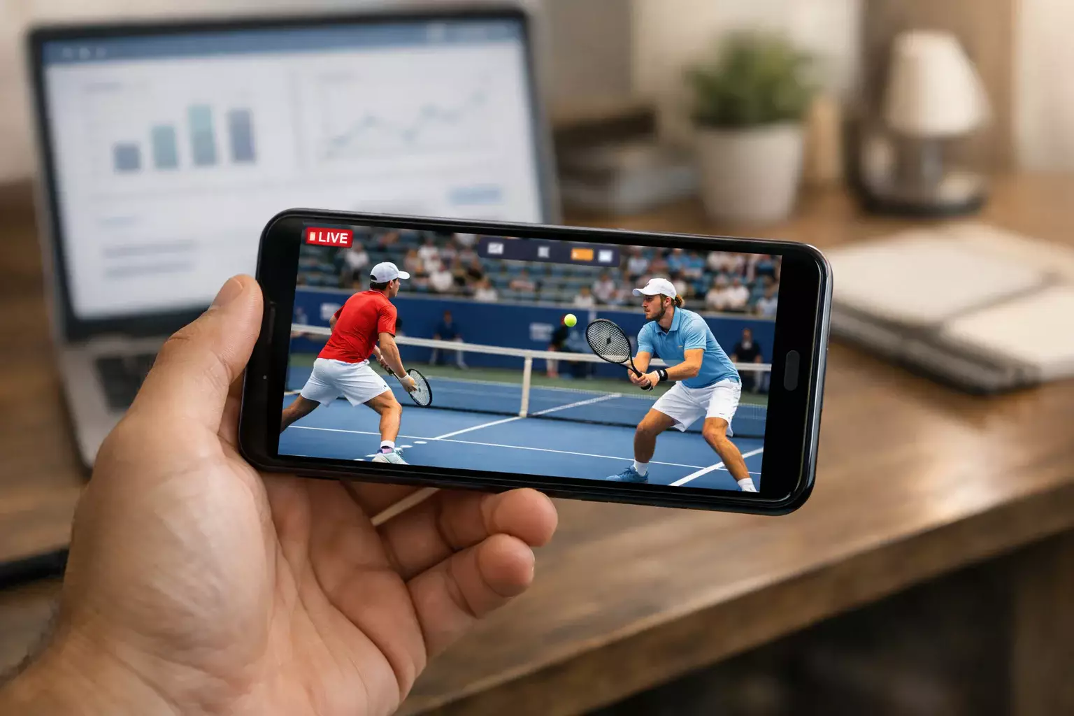 Smartphone mit Tennis-Livestream und Laptop