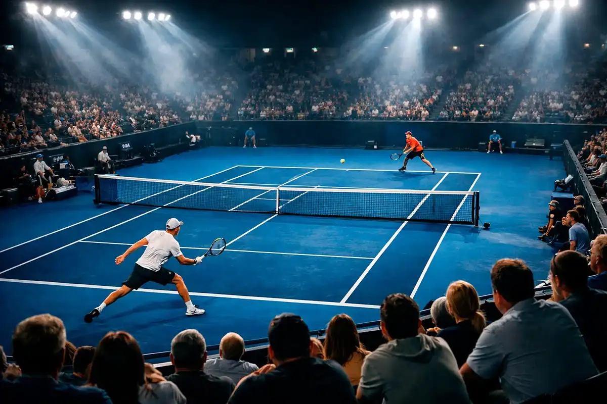 Nahaufnahme eines Tennismatches bei Flutlicht mit gespanntem Publikum