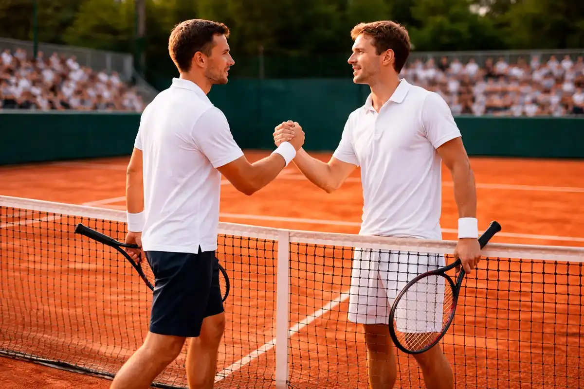 Zwei Tennisspieler am Netz nach einem langen Match auf einem Sandplatz