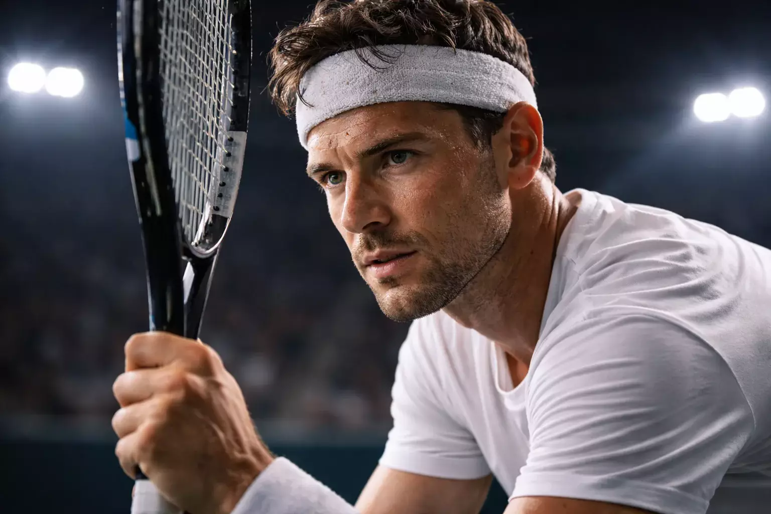 Fokussierter Tennisspieler vor dem Aufschlag