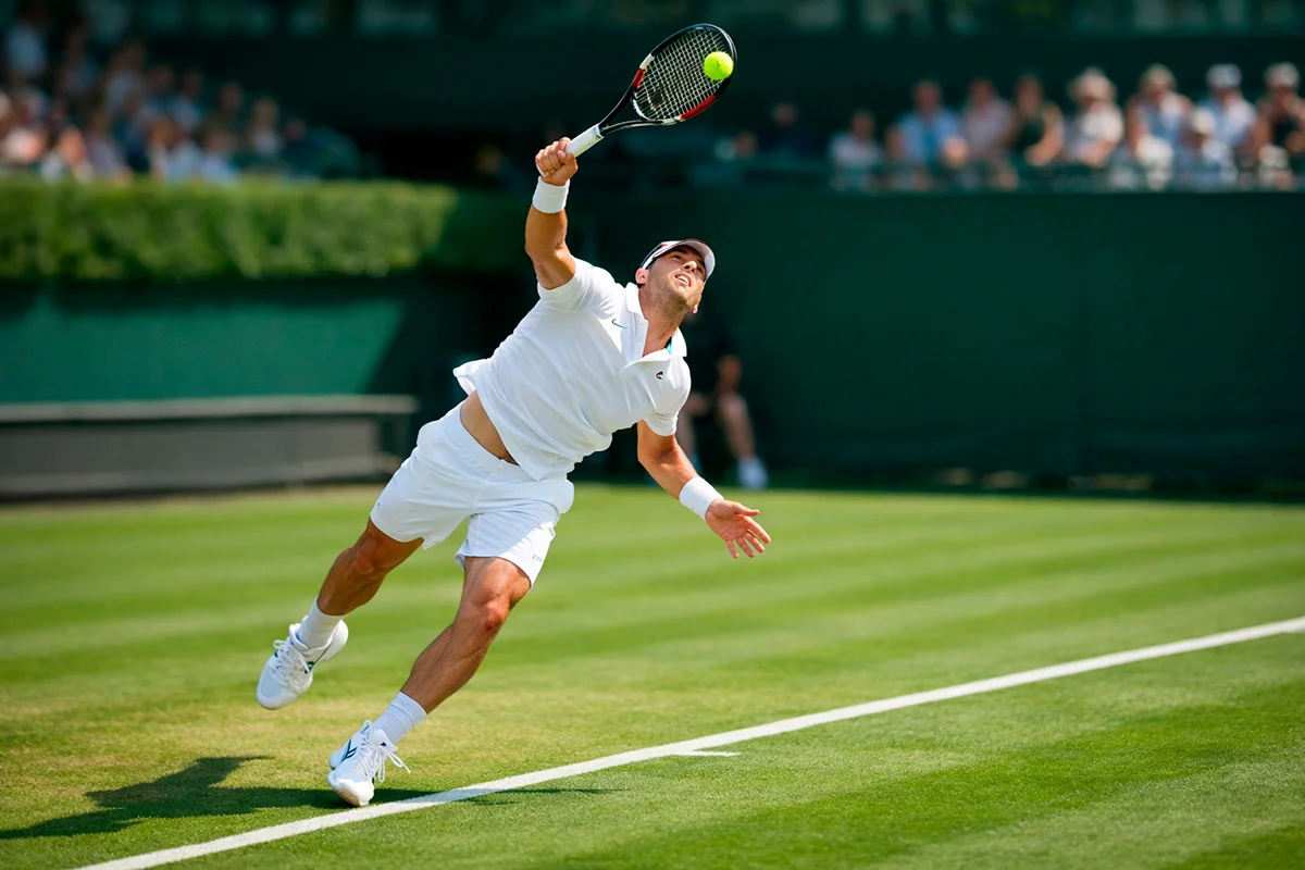 Tennisspieler beim Aufschlag auf einem Rasenplatz während eines Grand-Slam-Turniers