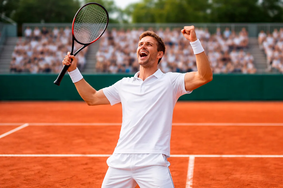 Tennisspieler feiert einen Matchsieg auf einem Sandplatz mit erhobenem Schläger