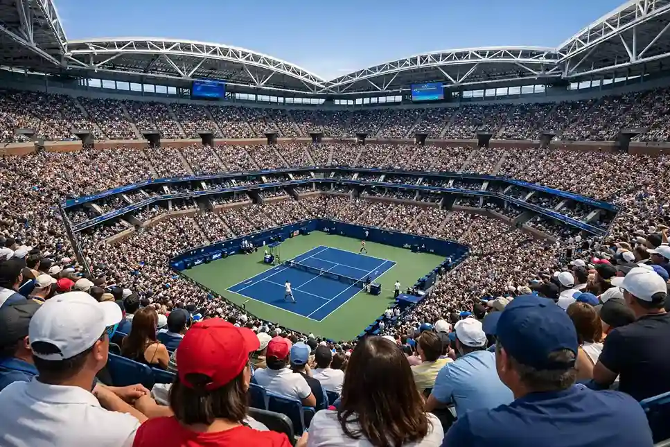 Tennistribüne mit Zuschauern bei professionellem Turnier