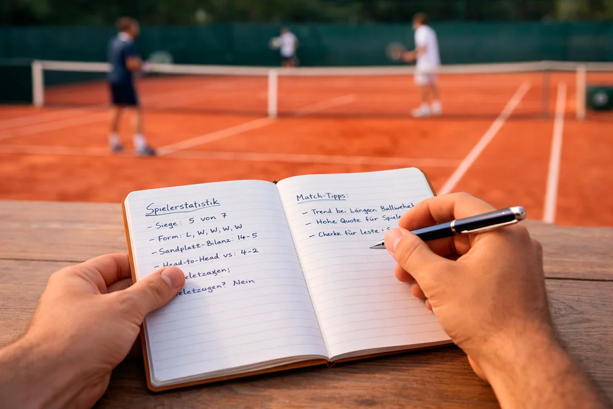 Person analysiert Tennisstatistiken in einem Notizbuch neben einem Tennisplatz
