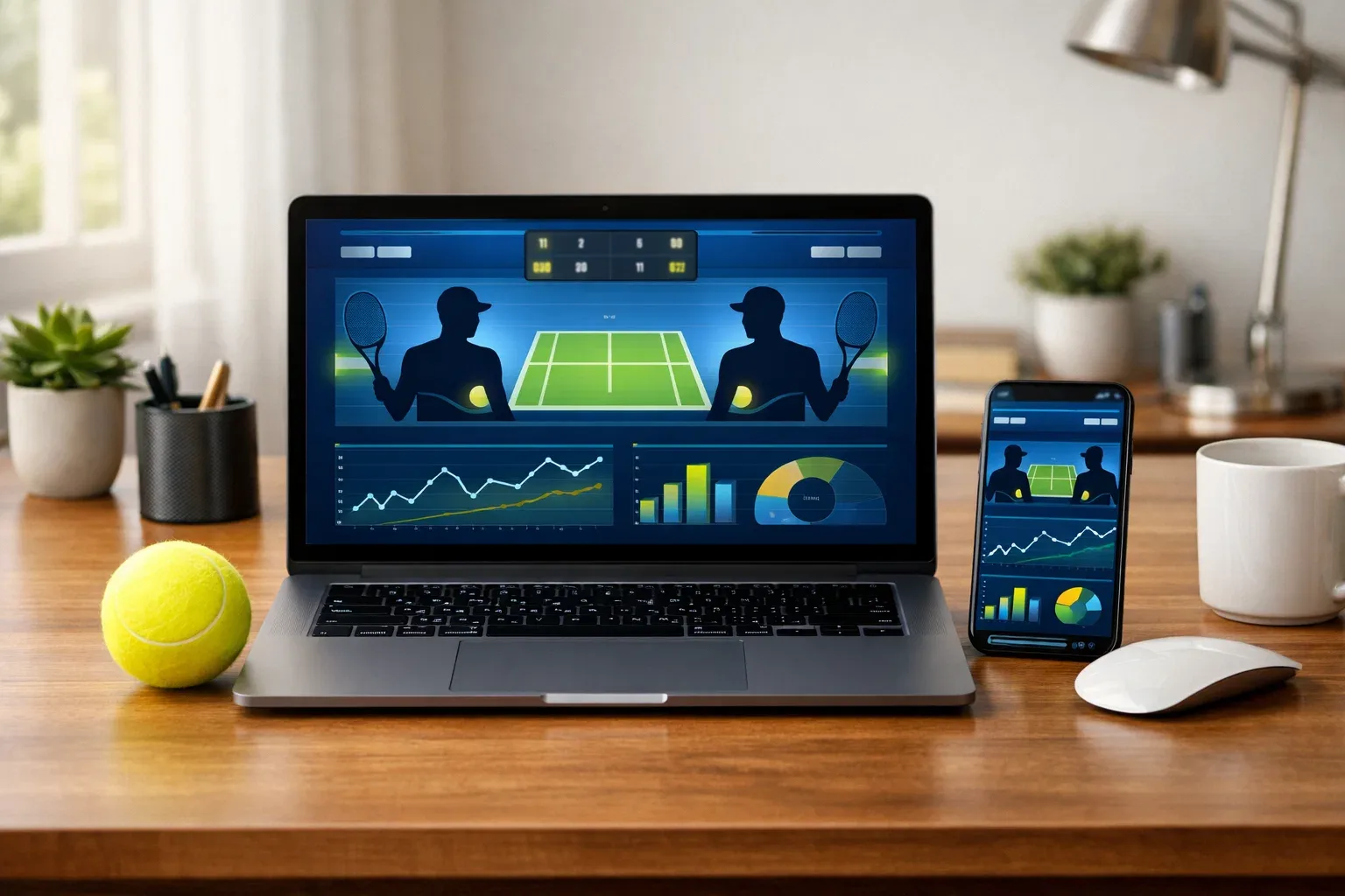 Laptop und Smartphone mit Sportwetten-Plattform auf Schreibtisch