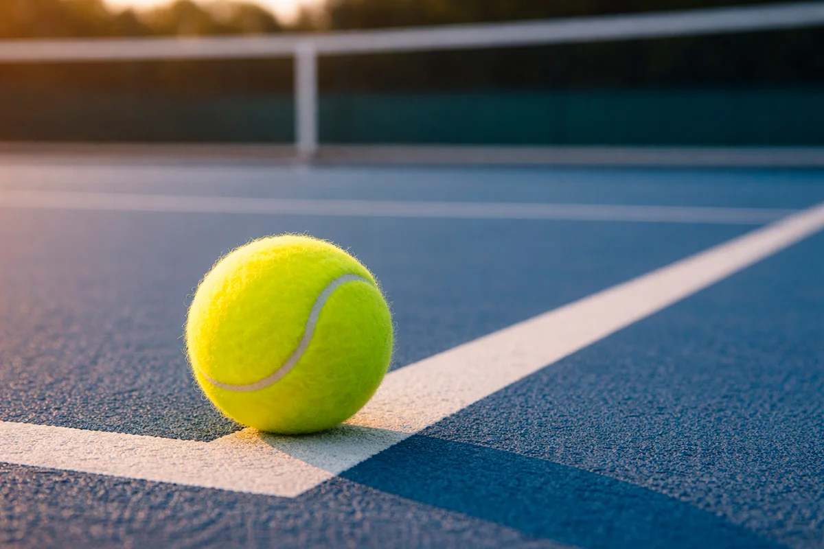 Tennisball auf einem Hartplatz mit Netz im Hintergrund bei Sonnenuntergang