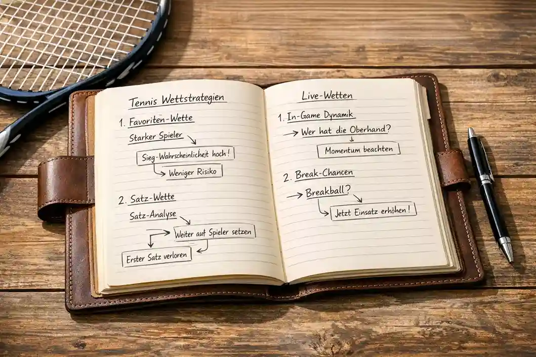 Notizbuch mit Wettstrategie-Notizen neben Tennisschläger