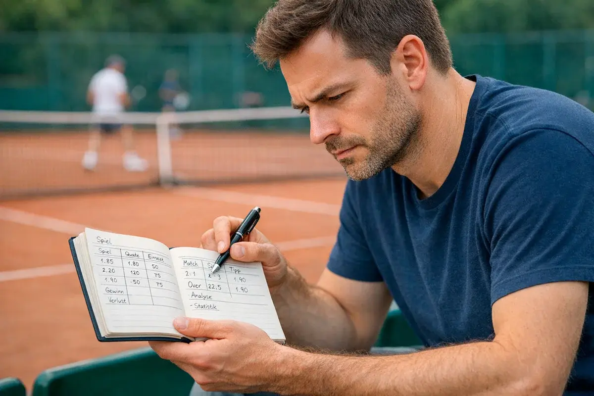 Nachdenklicher Mann studiert Tennisstatistiken in einem Notizbuch am Spielfeldrand