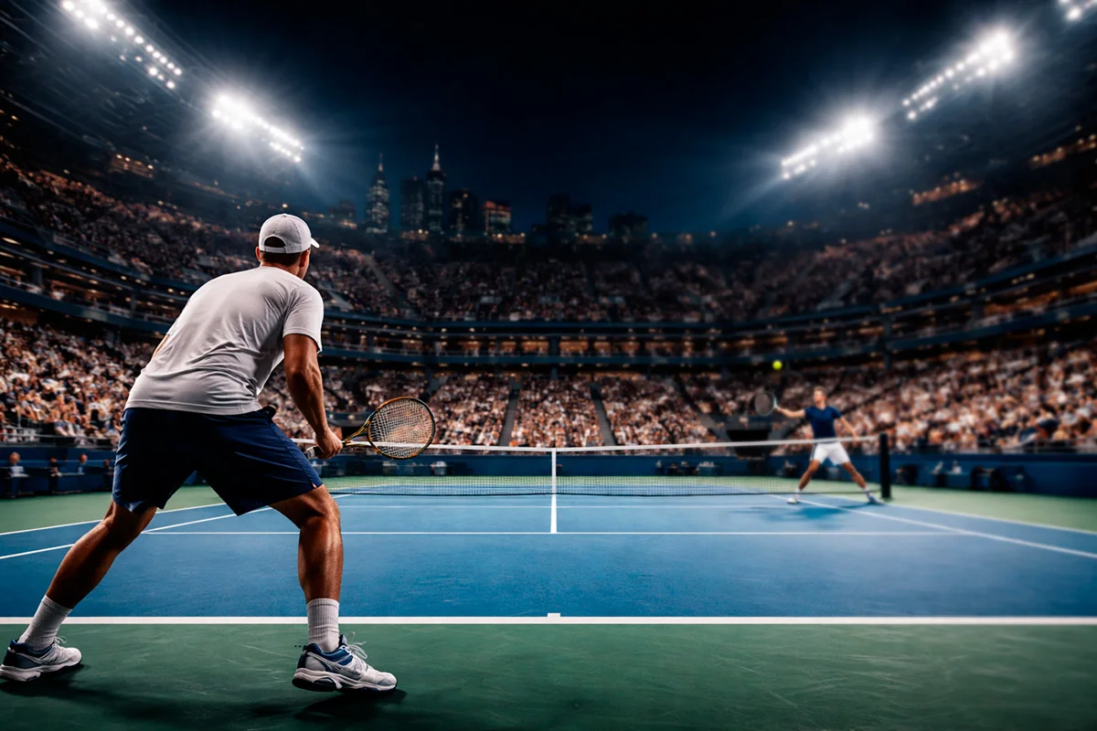 Arthur Ashe Stadium bei Nacht mit Flutlicht während einer US Open Night Session