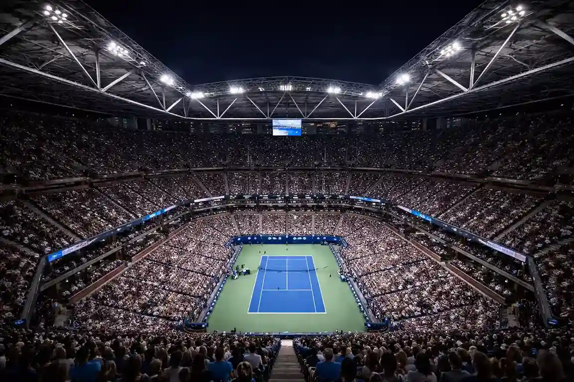 Arthur Ashe Stadium bei Nacht unter Flutlicht