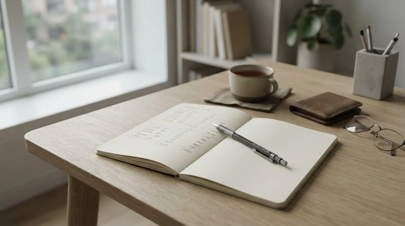 Notizbuch mit Budget-Planung auf aufgeräumtem Schreibtisch