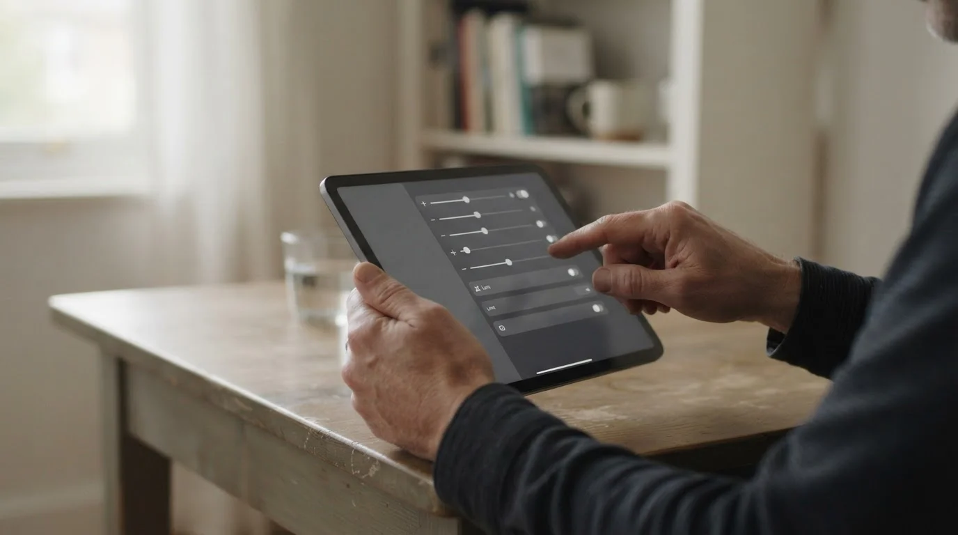 Person setzt Limits in neutraler App-Oberfläche für verantwortungsvolles Spielen