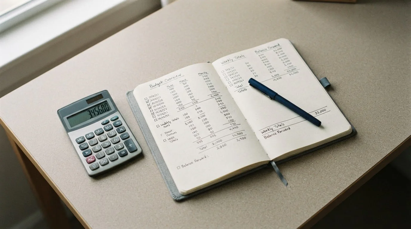 Notizbuch mit Budgetplanung und Taschenrechner auf Schreibtisch in gedämpftem Licht